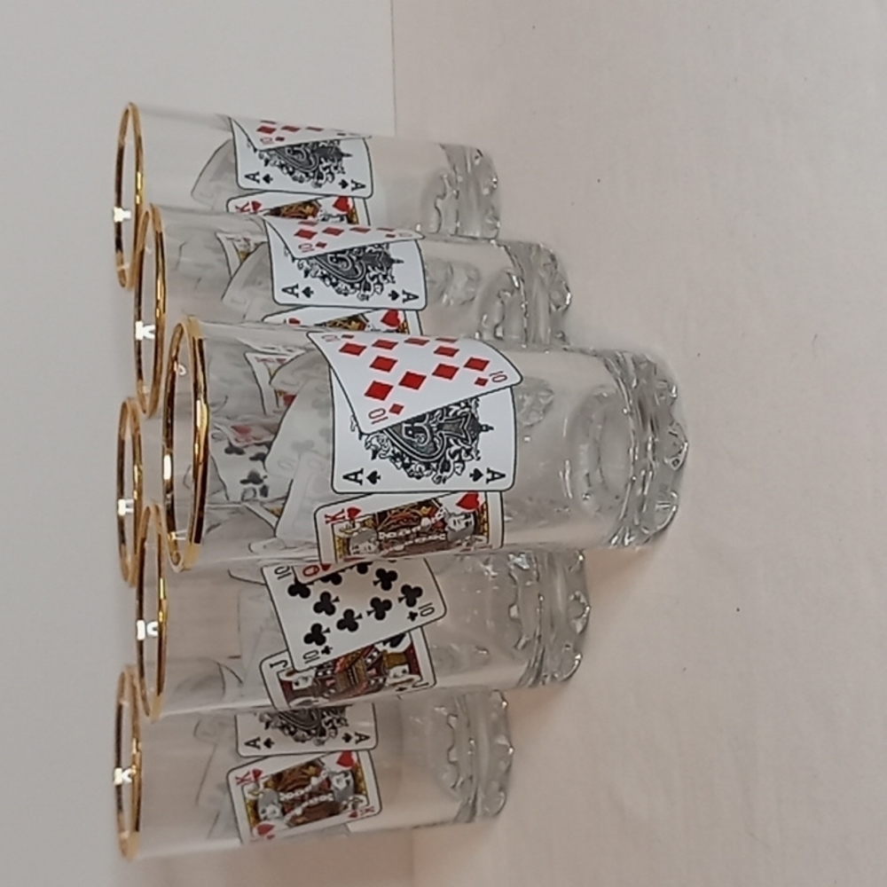 Vintage Pasabahce Set Of 6 Turkish Playing Card Glasses Barware Gold Rimmed